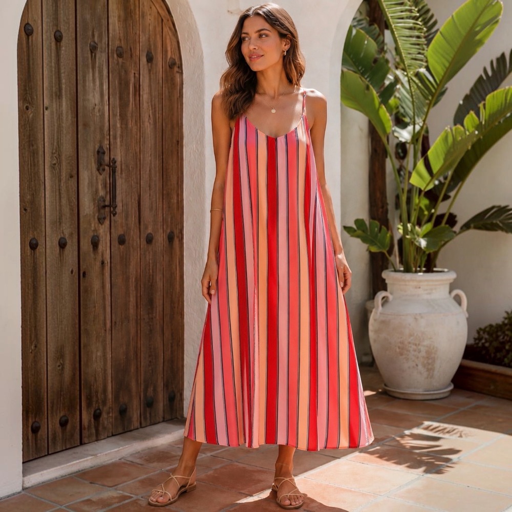 Buddy Love Misha-2 Striped Maxi Dress Pink Red Orange Spaghetti Strap Small Boho
